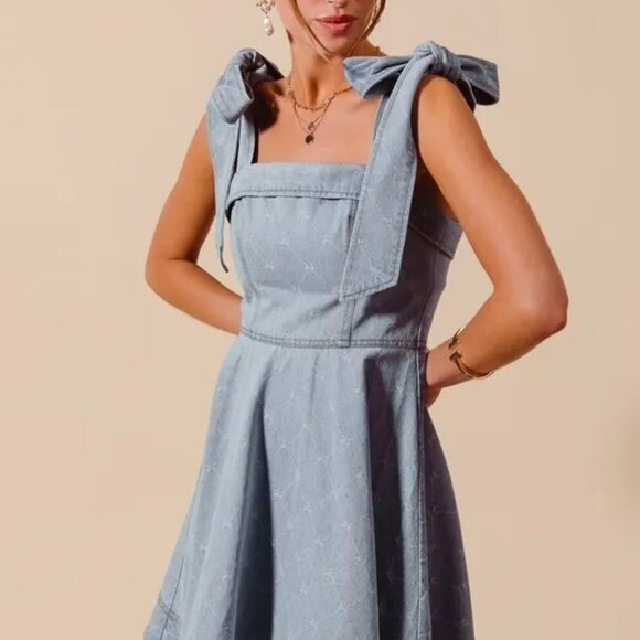 ✨NWT SO ME A Line Fit and Flare‎ Diamond Bow Ribbon Denim Dres - Picture 4 of 10